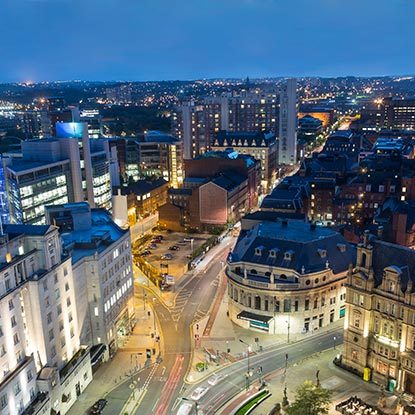 Aerial shot of Leeds at night